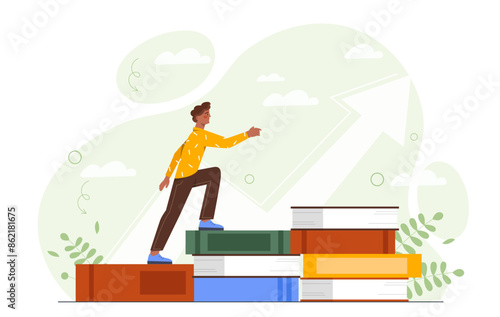 Boy with stairs of books. Metaphor of education and trainig, learning. Schoolboy go to knowledges. Talented and hardworking student. Cartoon flat vector illustration isolated on white background