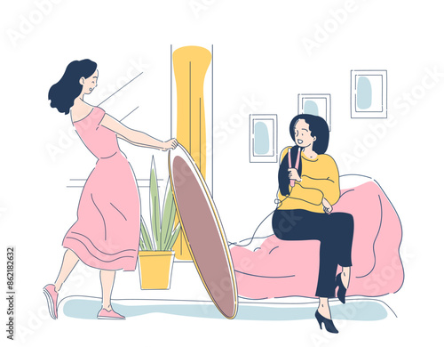 Woman straightening curly hair concept. Beauty procedures. Young girl with daily routine near mirror. Aesthetics and elegance. Linear flat vector illustration isolated on white background