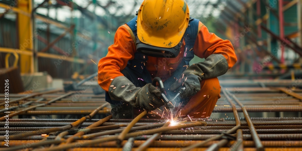 A construction worker in an orange and yellow reflective work suit and safety helmet is skillfully welding an iron structure on a bustling construction site A construction worker in an orange and yellow reflective work suit and safety helmet is skillfully welding an iron structure on a bustling construction site