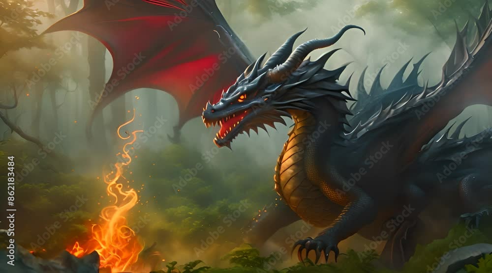 Roaring dragon on the forest. firework place Roaring dragon on the forest. firework place