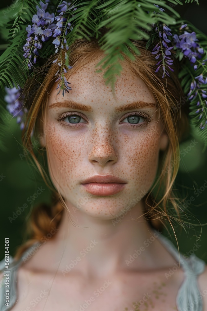 A girl wearing a crown of flowers made of wisteria on her head, surrounded by wood ferns, in nature, St. John's Day, face without freckles, commercial image A girl wearing a crown of flowers made of wisteria on her head, surrounded by wood ferns, in nature, St. John's Day, face without freckles, commercial image