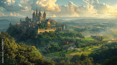 A Majestic Medieval Castle Perched on a Hilltop at Sunset