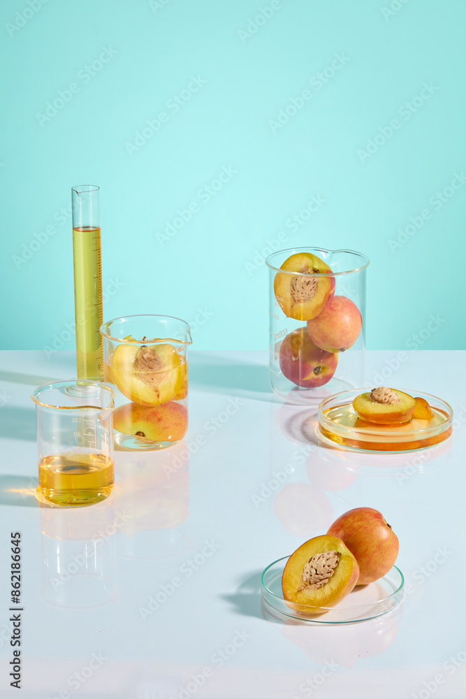 Fototapeta premium Peach science experiment photograph over blue texture from high angle shot. Vacant space in the center of white countertop, decorated with glass lab utensils around, empty space for product displaying