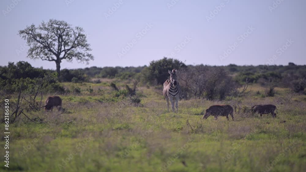 Zebra and warthog seen in the wild Zebra and warthog seen in the wild