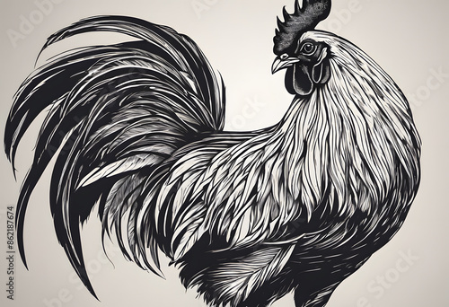Detailed illustration of a rooster with intricate feather patterns and a prominent comb.