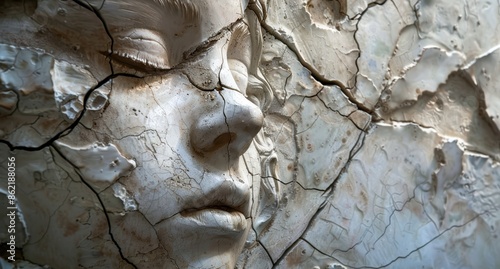 Cracked and weathered stone face sculpture photo