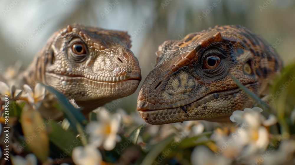 close-up of two colorful lizards close-up of two colorful lizards