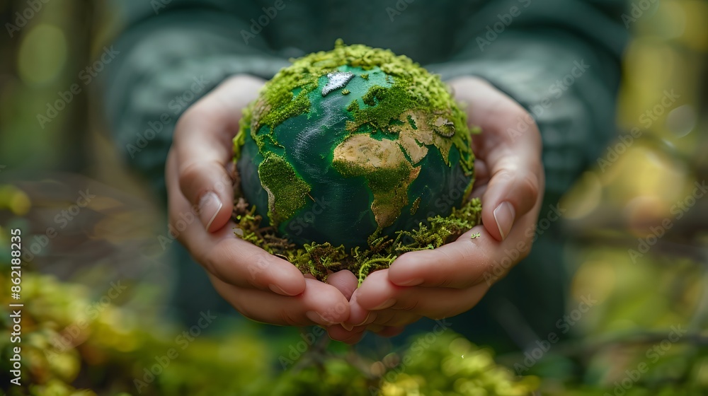 Human hands holding a tiny green globe, representing the importance of sustainable development Human hands holding a tiny green globe, representing the importance of sustainable development