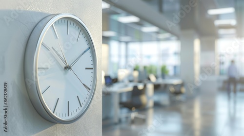 Circular office wall clock with clear hour, minute, and second markers, set against a blurred office interior