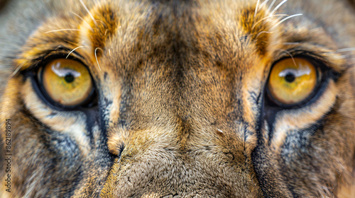 A close up of a majestic lions face with piercing yellow eyes, showcasing its regal demeanor and intense gaze, Generative AI photo