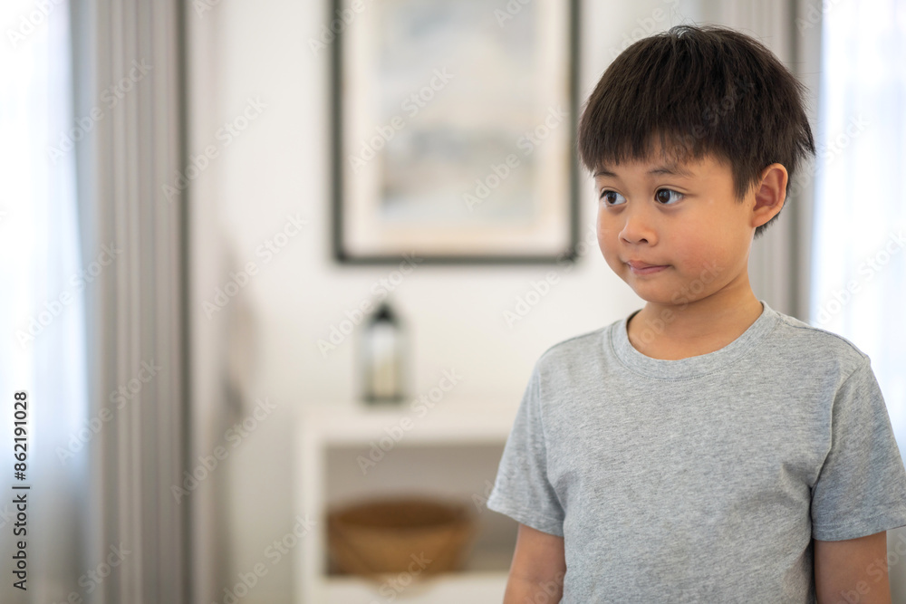Portrait of young asian boy in a gray t-shirt, boy has short black hair and looking directly at camera with a neutral expression, innocence and simplicity of childhood, family, education and childcare Portrait of young asian boy in a gray t-shirt, boy has short black hair and looking directly at camera with a neutral expression, innocence and simplicity of childhood, family, education and childcare