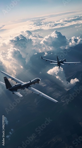 A MALE drone operating alongside a manned surveillance aircraft, emphasizing their collaborative capabilities