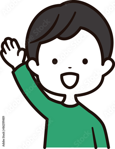 手を挙げている笑顔の男の子の上半身のアイコンイラスト素材