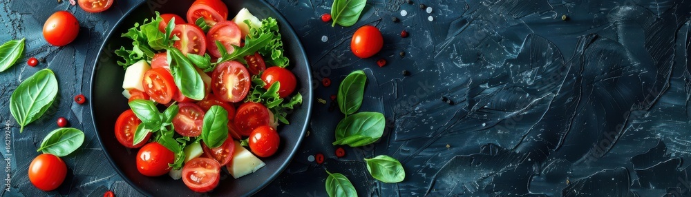 Fresh salad with cherry tomatoes, arugula, and mozzarella on a dark background. Healthy and nutritious meal. Top view. Fresh salad with cherry tomatoes, arugula, and mozzarella on a dark background. Healthy and nutritious meal. Top view.