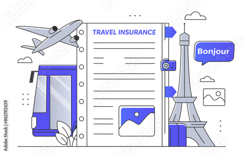 Travel insurance concept. Documents for travelers and tourists. Protection of baggage and luggage, health. Financial deal and agreement. Linear flat vector illustration isolated on white background