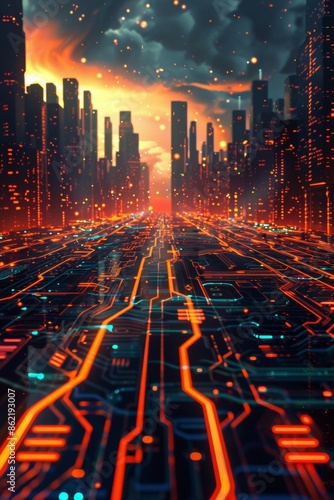 A vast, abstract circuit board landscape, pulses of energy flowing along pathways, with imposing firewall structures in the distance, vaporwave