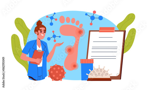 Treatment of flat feet concept. Woman with pain dots at foot. Health care, diagnosis and medicine. Doctor orthopedist with pills. Cartoon flat vector illustration isolated on white background