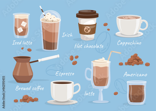 Types of coffee set. Menu of coffee shop. Different hot drinks. Iced latte, espresso and americano. Cappuchino and hot chocolate. Cartoon flat vector collection isolated on blue background
