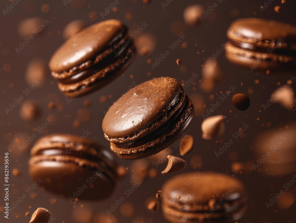 Chocolate macarons close up, focus on, copy space rich and decadent, Double exposure silhouette with chocolate swirls Chocolate macarons close up, focus on, copy space rich and decadent, Double exposure silhouette with chocolate swirls