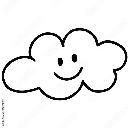 Hand drawn happy cloud outline for colouring book, tattoo, season, temperature, emoji, emotion, cute patches, shirt print, plush toy, doll, cartoon, character, comic, mascot, logo, icon, decoration