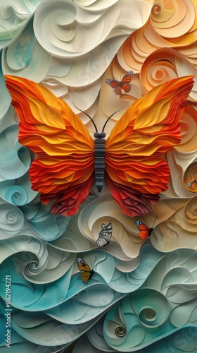 Exquisite craftsmanship: colorful butterfly and flower organic paper sculpture design, an illustration of dreamy romance, perfect for banner, capturing the beauty of nature in intricate detail.
