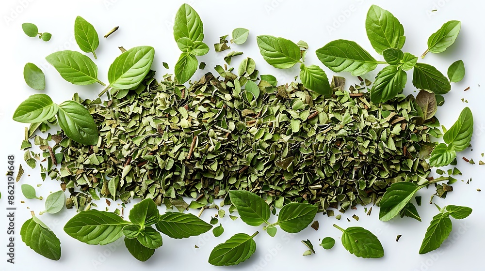 Close-Up View of Scattered Fresh Basil Leaves on White Background with Green Banner Close-Up View of Scattered Fresh Basil Leaves on White Background with Green Banner