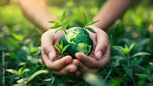 Human hands holding a green mini-planet, symbolizing commitment to nature conservation and sustainability