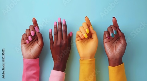Four Hands With Different Nail Polish Colors Against a Blue Background