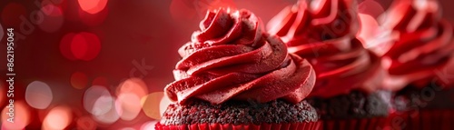 Red velvet cupcakes close up, focus on, copy space vibrant and delightful, Double exposure silhouette with cupcake liners photo