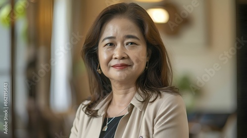 A middle-aged woman in a beige blazer smiles confidently at the camera, exuding professionalism and warmth.