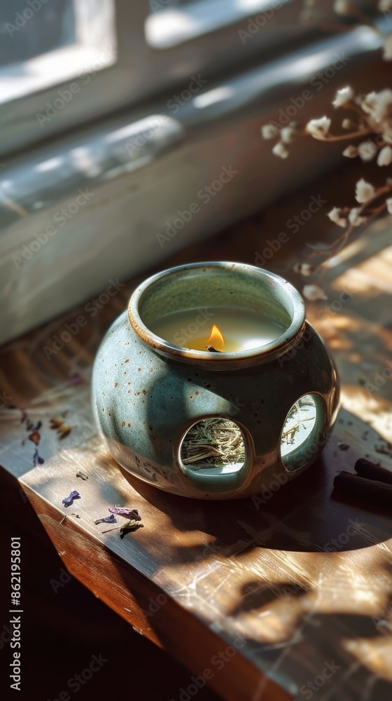 Close-up of a ceramic oil burner, a tealight glowing inside, casting shadows on dried herbs and flowers Close-up of a ceramic oil burner, a tealight glowing inside, casting shadows on dried herbs and flowers