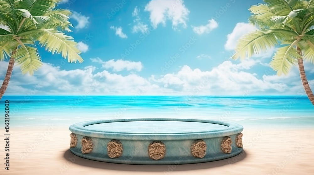 Obraz premium Summer sand and tropical sea background with empty podium