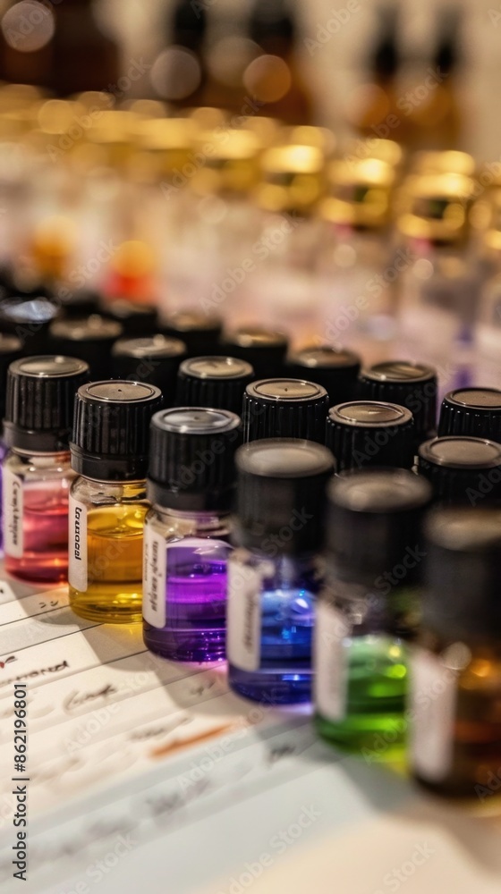 Obraz premium Close-up of an essential oil blending chart, with colorful vials and handwritten notes