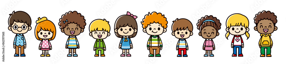 笑顔で並んでいる様々な人種の世界の子供たちの全身のイラスト 笑顔で並んでいる様々な人種の世界の子供たちの全身のイラスト