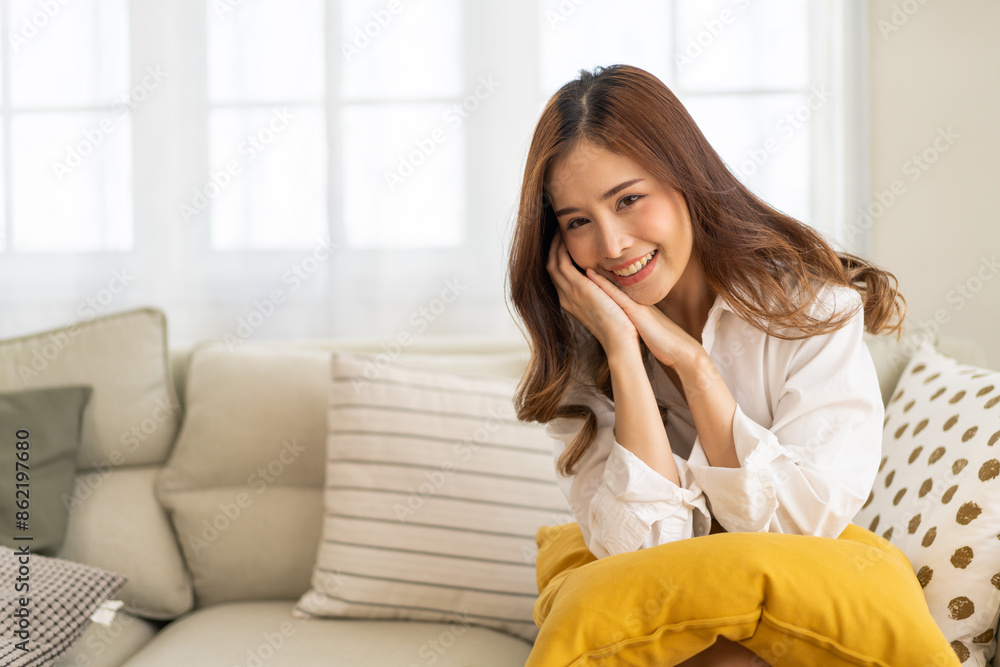 Portrait of smiling beautiful pretty asian woman clean fresh healthy white skin posing smile in pajamas white clothes, skincare, lady, model, cosmetic, fashion.Girl relax, enjoy at home.asia beauty Portrait of smiling beautiful pretty asian woman clean fresh healthy white skin posing smile in pajamas white clothes, skincare, lady, model, cosmetic, fashion.Girl relax, enjoy at home.asia beauty