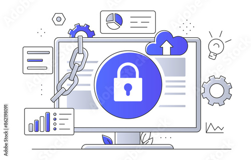 Web security concept. Computer monitor with shield and padlock. Protection of personal data and information. Antivirus for hackers attacks prevention. Linear flat vector illustration