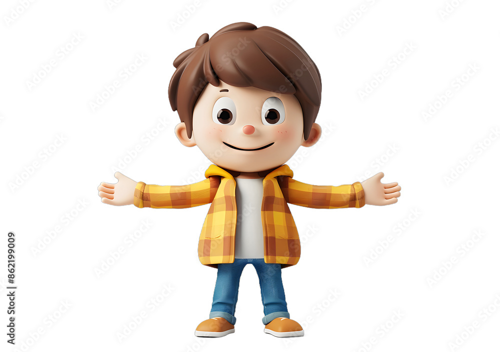[Transparent Background PNG]A 3D rendering of a happy cartoon boy with brown hair and blue eyes wearing a yellow plaid shirt and blue jeans.