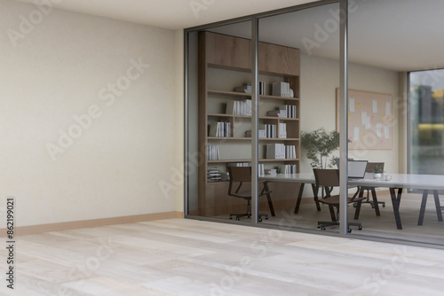 The interior design of a modern office corridor in front of the meeting room. photo