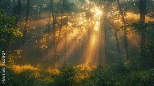 Sunlight Streaming Through a Foggy Forest