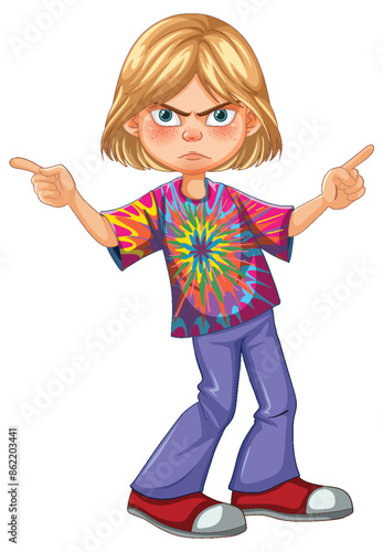 Blonde child pointing with serious expression