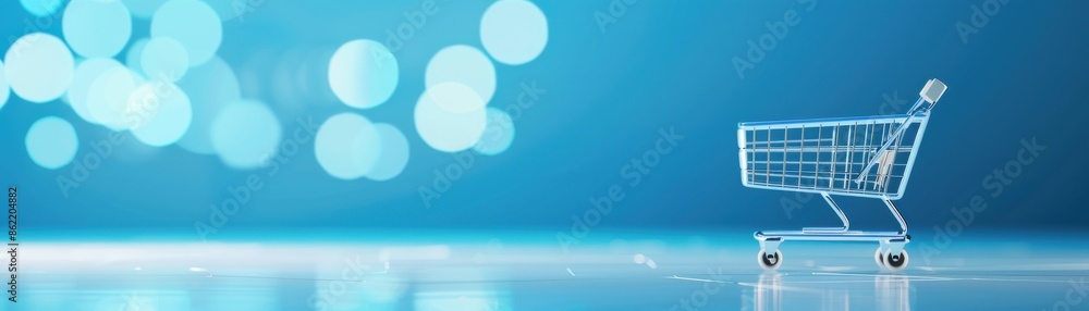 Miniature shopping cart against a blue background. Concept of online shopping, retail, and commerce. Ideal for marketing and business themes. Miniature shopping cart against a blue background. Concept of online shopping, retail, and commerce. Ideal for marketing and business themes.