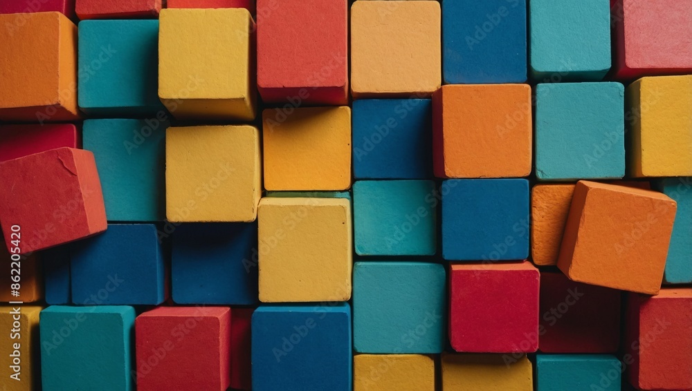 A flat lay showcasing a grid of colorful wooden blocks in various shades of red, orange, yellow, blue, and green, old film style A flat lay showcasing a grid of colorful wooden blocks in various shades of red, orange, yellow, blue, and green, old film style