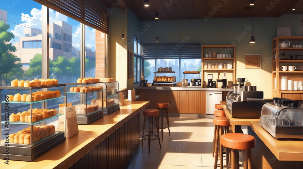 Modern Coffee Shop: Cozy seating, a counter with pastries and coffee machines, warm lighting, and soft background music. Ideal for character interactions, casual conversations, or romantic moments Modern Coffee Shop: Cozy seating, a counter with pastries and coffee machines, warm lighting, and soft background music. Ideal for character interactions, casual conversations, or romantic moments