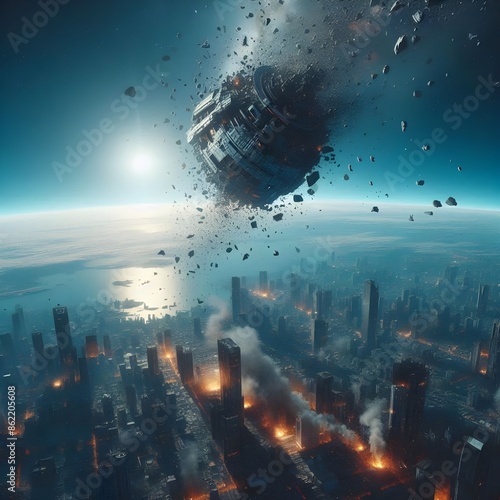 Images related to space debris falling to Earth and the resulting disaster