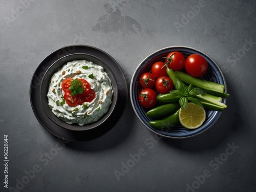 Healthy Greek Tzatziki and Taramasalata, food photography  photo