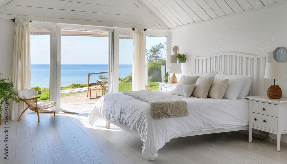 Fototapeta premium bright white bedroom, elegant, interior, house, home, architecture, decor, design, farmhouse, modern, contemporary, view, comfortable