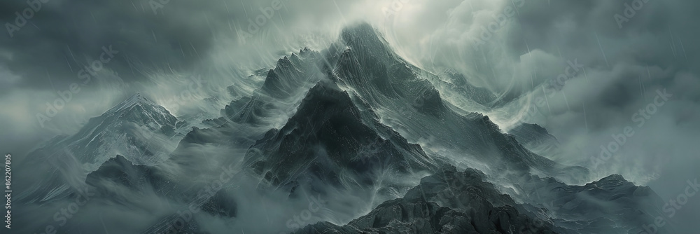 Majestic mountain peak shrouded in mist during a storm, dramatic nature scenery. Adventure and wilderness concept Majestic mountain peak shrouded in mist during a storm, dramatic nature scenery. Adventure and wilderness concept