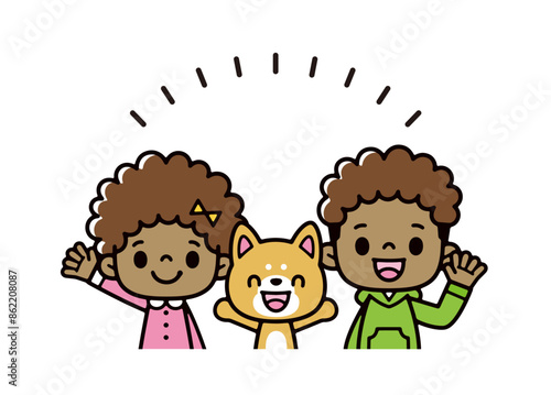 ペットの柴犬と笑顔で手を振るアメリカ人の子供たちのイラスト