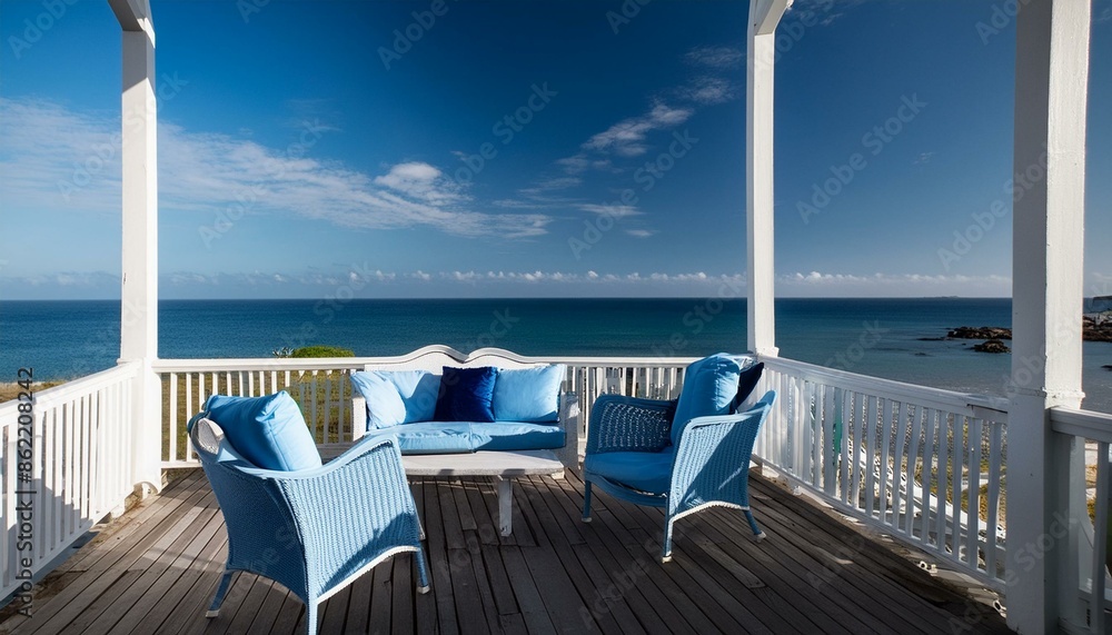 Fototapeta premium deck, sea, beach, chair, ocean, table, sky, summer, vacation, water, view, pool, balcony, resort, luxury, terrace, restaurant, furniture, relax, deck, tropical, hotel, sand, sun