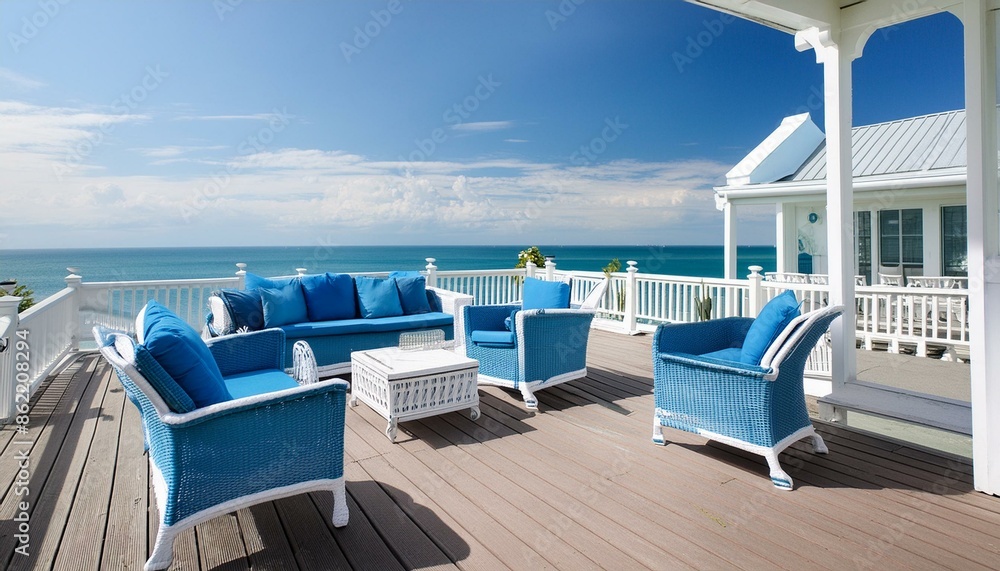 Fototapeta premium deck, sea, beach, chair, ocean, table, sky, summer, vacation, water, view, pool, balcony, resort, luxury, terrace, restaurant, furniture, relax, deck, tropical, hotel, sand, sun